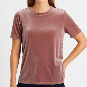 Elevated Basic T-shirt Velveteen Statement Top S-Sleeve Side Slit Dusty Rose M